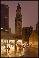 Custom House Tower and  Faneuil Hall marketplace at night. Boston, Massachussets, USA (color)