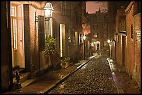 Picturesque cobblestone street on rainy night, Beacon Hill. Boston, Massachussets, USA ( color)