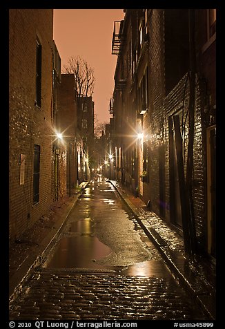 Dark alley on rainy night, Beacon Hill. Boston, Massachussets, USA (color)