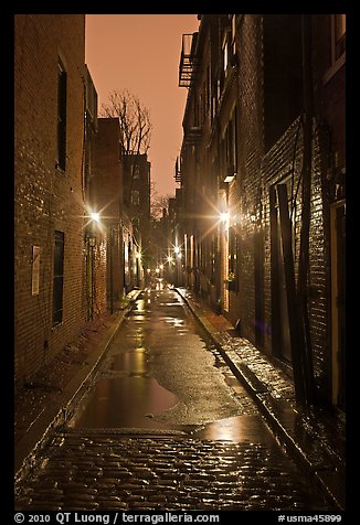 Dark alley on rainy night, Beacon Hill. Boston, Massachussets, USA