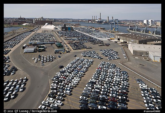 Cars lined up in shipping harbor. Boston, Massachussets, USA (color)