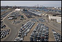 Cars lined up in shipping harbor. Boston, Massachussets, USA (color)