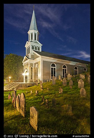 Cemetery and church at night, Concord. Massachussets, USA