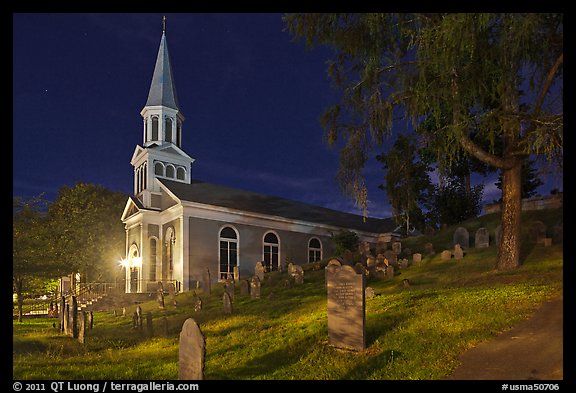 Holly Family church and graveyard at night, Concord. Massachussets, USA