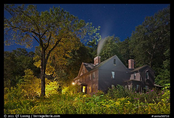 Orchard House at night with smoking chimney, Concord. Massachussets, USA (color)