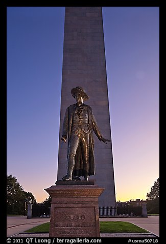 Statue of Col. William Prescott and Bunker Hill Monument, Charlestown. Boston, Massachussets, USA
