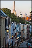 Steep stret on Breeds Hill, with bridge in background, Charlestown. Boston, Massachussets, USA