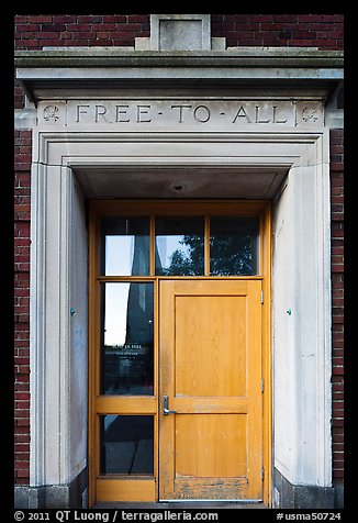Bunker Hill library door, lintel inscribed free to all, Charlestown. Boston, Massachussets, USA (color)