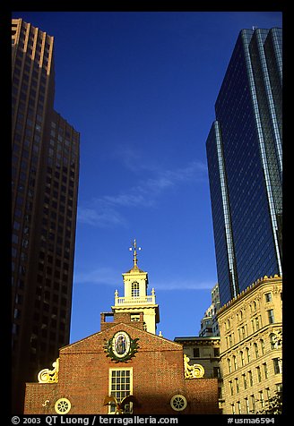 Old State House and Financial District skyscrapers. Boston, Massachussets, USA