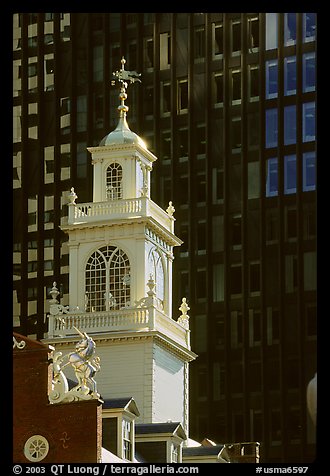 Old State House (oldest public building in Boston) and glass facade. Boston, Massachussets, USA