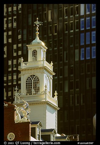 Old State House (oldest public building in Boston) and glass facade. Boston, Massachussets, USA (color)