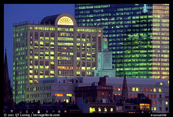 Old churches and modern glass buildings at dusk. Boston, Massachussets, USA (color)