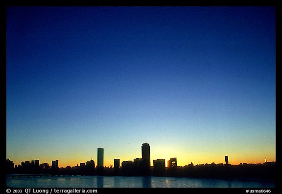 Downtown seen across the Charles River, winter sunrise. Boston, Massachussets, USA