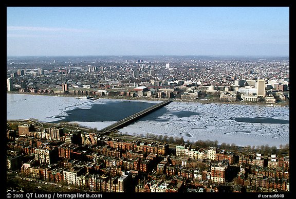 Frozen Charles River seen from the Prudential Tower. Boston, Massachussets, USA (color)