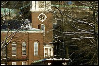 Historic church and snow covered branches. Boston, Massachussets, USA