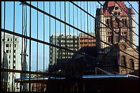 Historic church reflected in a modern glass building. Boston, Massachussets, USA ( color)