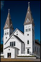 White church with double bell towers, Greenville. Maine, USA