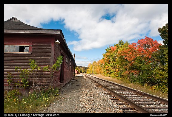 Railroad track and abandonned station, Greenville Junction. Maine, USA (color)