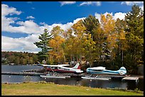 Floatplanes and fall foliage on Moosehead Lake, Greenville. Maine, USA