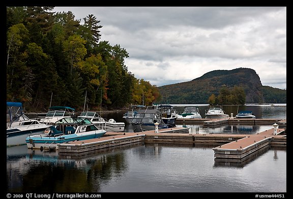 Marina along Moose River, Rockwood. Maine, USA