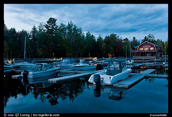 Boats in Beaver Cove Marina at dusk, Greenville. Maine, USA