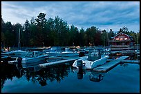 Boats in Beaver Cove Marina at dusk, Greenville. Maine, USA