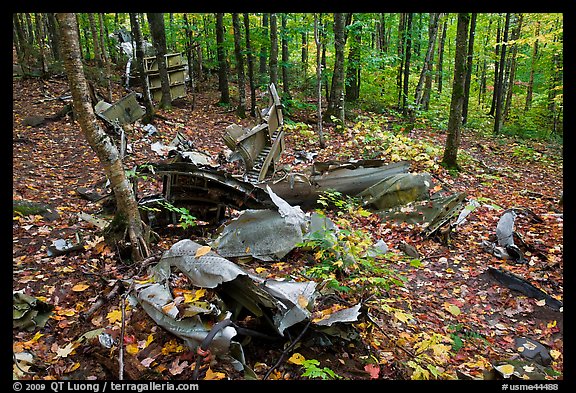 B-52 wreck scattered in autum forest. Maine, USA (color)