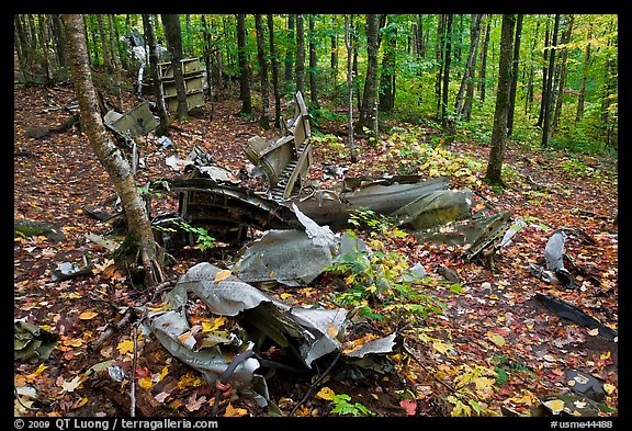 B-52 wreck scattered in autum forest. Maine, USA