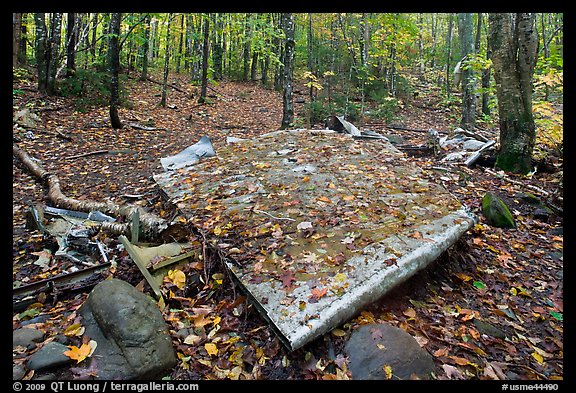 Pieces of B-52 wreckage lie scattered on Elephant Mountain. Maine, USA (color)