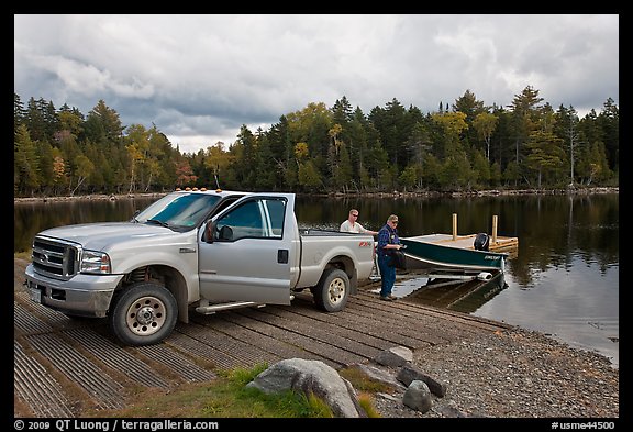 Boat loaded at ramp, Lily Bay State Park. Maine, USA