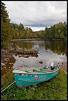 Small boat and cove, Lily Bay State Park. Maine, USA ( color)