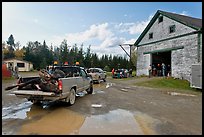 Trucks with moose lining up at checking station, Kokadjo. Maine, USA (color)