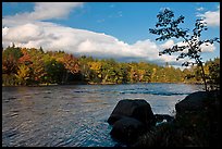 Penobscot River, boulders, and trees in fall. Maine, USA