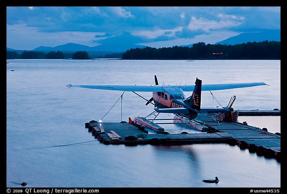 Floatplane at dusk, Ambajejus Lake. Maine, USA (color)