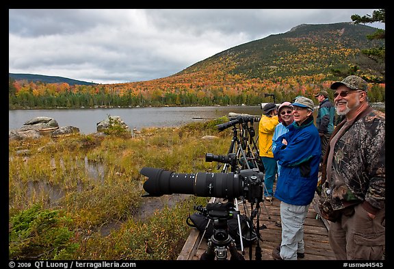 Wildlife photographers on observation platform, Sandy Stream Pond. Baxter State Park, Maine, USA