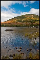 Forested mountain with fall foliage and pond. Baxter State Park, Maine, USA