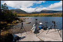 Photographers at Sandy Stream Pond waiting with cameras set up. Baxter State Park, Maine, USA ( color)