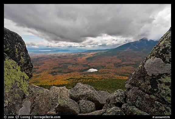 Mountain scenery in fall seen between boulders. Baxter State Park, Maine, USA (color)