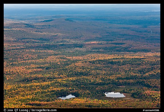 Ponds and forested landscape in autumn with spots of light. Baxter State Park, Maine, USA (color)