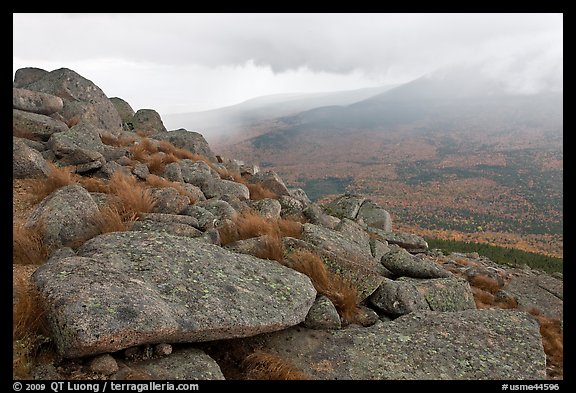 Boulders and rain showers, from South Turner Mountain. Baxter State Park, Maine, USA (color)
