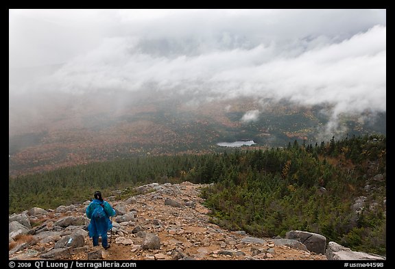 Hiker descending South Turner Mountain under the rain. Baxter State Park, Maine, USA (color)