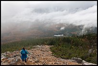 Hiker descending South Turner Mountain under the rain. Baxter State Park, Maine, USA