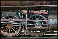 Wheels and pistons of vintage locomotive. Allagash Wilderness Waterway, Maine, USA (color)