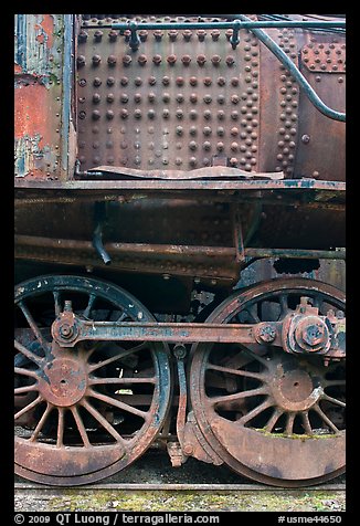 Close-up of rusting locomotive. Allagash Wilderness Waterway, Maine, USA (color)