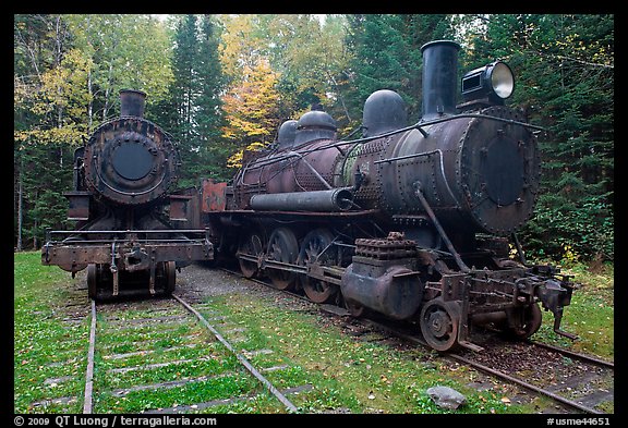 Vintage steam locomotives. Allagash Wilderness Waterway, Maine, USA