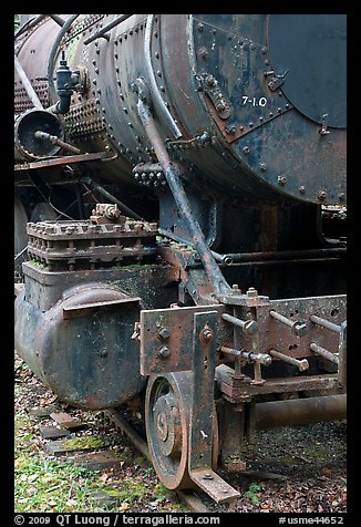 Detail of old steam locomotive. Allagash Wilderness Waterway, Maine, USA