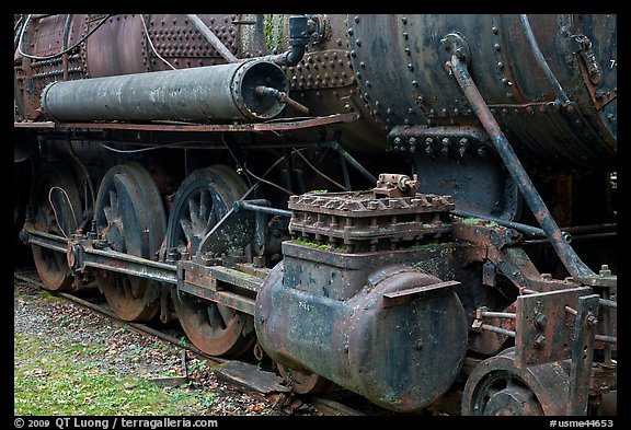 Close-up of vintage Lacroix locomotive. Allagash Wilderness Waterway, Maine, USA (color)