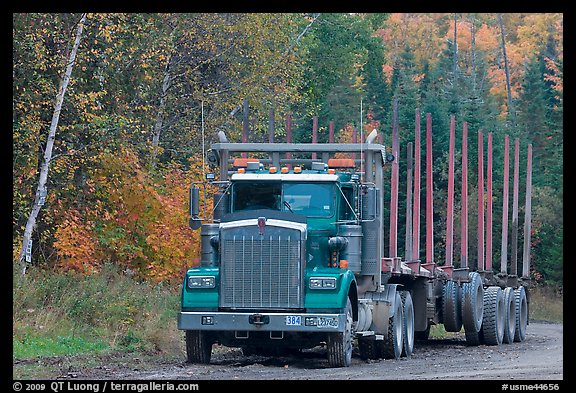 Empty log-carrying truck. Maine, USA (color)