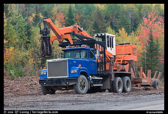 Forestry truck at logging site. Maine, USA