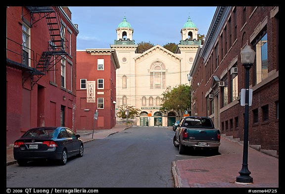 Brick buildings and church on Columbia Street. Bangor, Maine, USA (color)